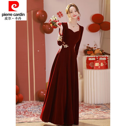 Pierre Cardin 23 New Toast Wear Bridal Red Wedding Winter High-end Velvet Engagement Dress Long Sleeve Autumn and Winter Women Burgundy L