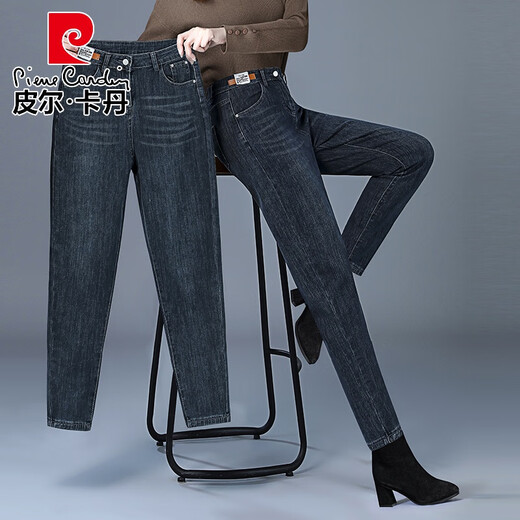Pierre cardin (pierre cardin) large size jeans for women casual straight stretch pants for women spring and summer 2025 new style mother ladies knitted dark gray - cropped pants - 9249 plus velvet 2XL size 30 (suitable for 135~145 Jin [Jin equals 0.5 kg] wear)