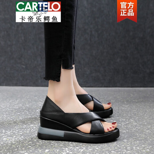 CARTELO brand trendy leather thick-soled heeled sandals for women 2025 summer new soft leather fish mouth shoes casual sponge cake mother shoes off white 35