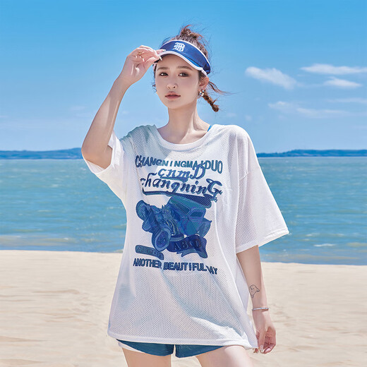 Bai Qixin swimsuit women's split conservative swimsuit three-piece cover-up sun protection loose belly cover hot spring plus size swimsuit blue and white split swimsuit three-piece set