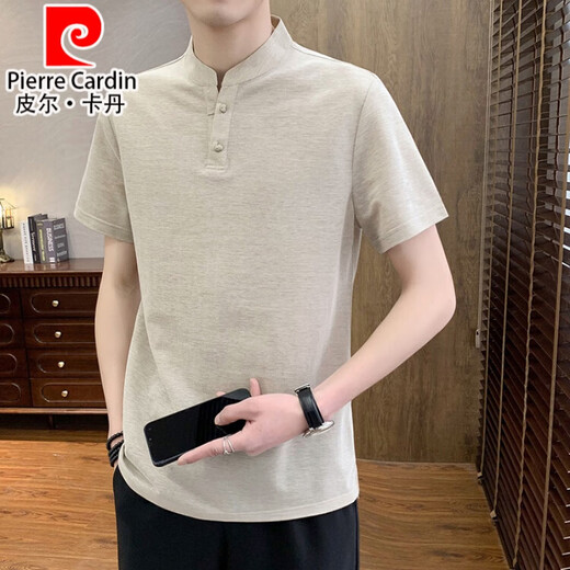 皮尔卡丹（pierre cardin）棉麻短袖t恤男夏季立领新中式polo汗衫潮牌男款中国风亚麻半袖 绿色 4XL
