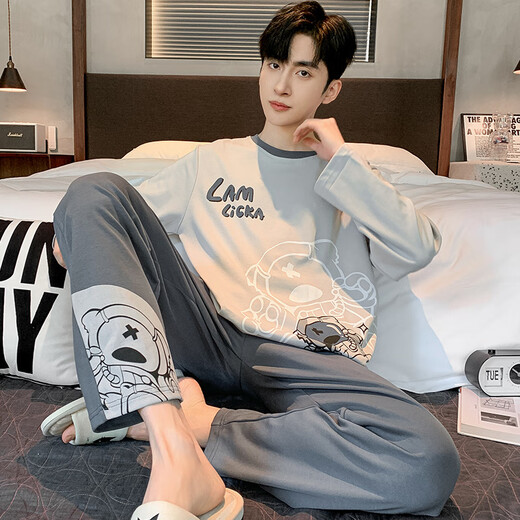 Langsha spring and autumn pajamas men's cotton long-sleeved trousers new cotton round neck young students can wear home clothes set