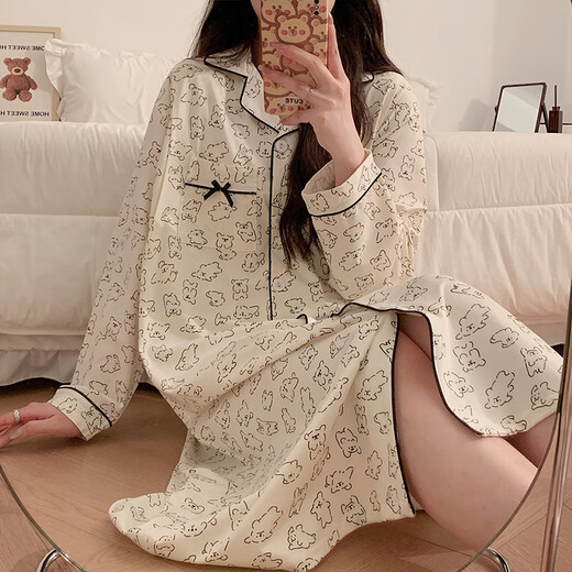 欧鹿汐带胸垫待产孕妇睡裙女长袖春秋季月子服产前产后可哺乳可外穿宽松 MXR12003 3XL码 (建议160-180斤)