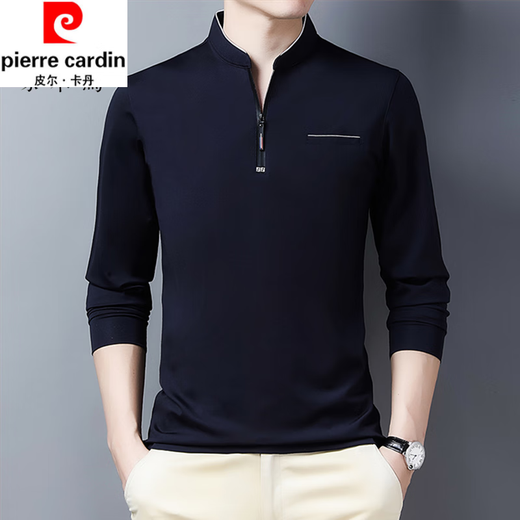 皮尔卡丹（pierre cardin）春秋季新款男士纯棉亲肤长袖T恤半拉链立领卫衣大码宽松百搭上衣 QPD-6625藏青【春秋薄款】 有口 185/96A 建议170-190斤