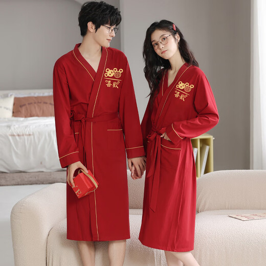 浪莎（LangSha）红色结婚情侣睡袍一男一女纯棉喜庆新婚睡衣浴袍家居服高档礼盒装 9922【礼盒装】 女L+男XL
