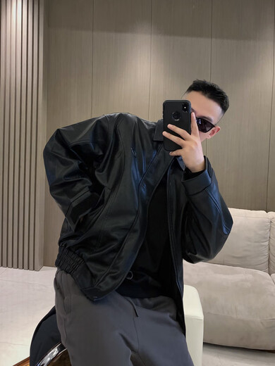 Customized Hello Chicken Spring and Autumn Men's High Quality Lapel Leather Jacket Korean Style Thick Jacket Trendy Motorcycle Leather Jacket Black Thickened M