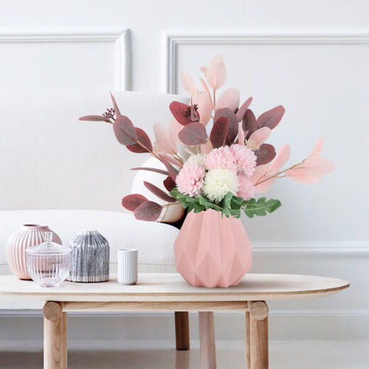 Riyue Star Nordic Creative Modern Simple Morandi Origami Ceramic Vase Living Room Home Dried Flower Arrangement Origami Vase White + Eucalyptus Pink Bouquet