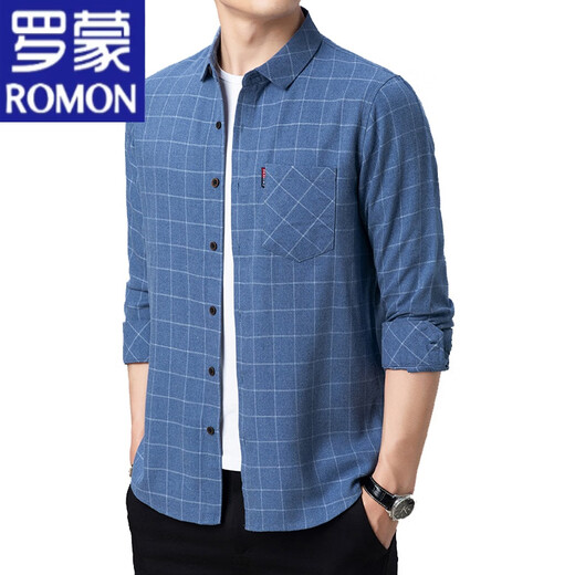 罗蒙（ROMON）纯棉长袖衬衫男春夏季薄款中老年男装格子宽松大码全棉衬衣男 长袖薄款6623绿色 185/3XL建议160-175斤