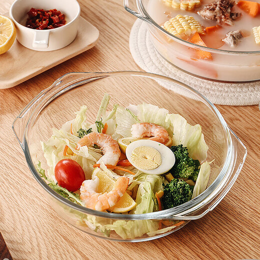 Genasi double-eared transparent heat-resistant glass bowl large microwave-friendly bowl with lid soup bowl noodle bowl salad bowl tableware 1.5L