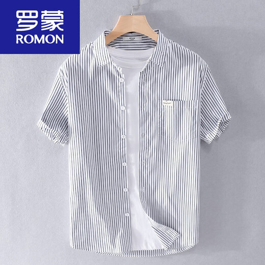 罗蒙（ROMON）男士条纹短袖衬衫日系宽松薄款上衣夏季休闲衣服潮流百搭衬衣 9738款 浅蓝条纹 2XL 140斤左右