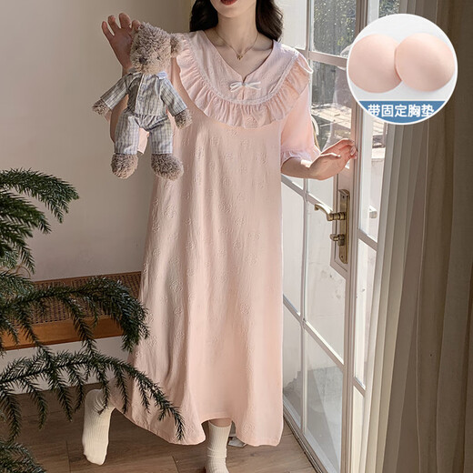 S.Sofea Cloud Cotton Nachthemd mit Brustkissen dünne kurze Ärmel süßer Prinzessinstil für Outdoor -Kleidung 6630z# Pink 175 L