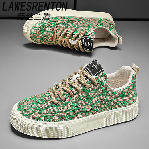 LAWESRENTON brand canvas shoes men's low top 2025 summer new niche printed board shoes men's thick sole sports and casual trend black (main picture) 39