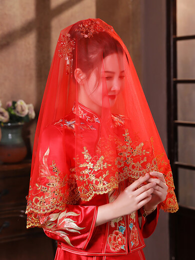 Sen uses red hijab bride wedding hijab red veil Xiuhe suit high-end hijab wedding gauze Chinese style translucent red (gold branches and jade leaves) lace hijab 100cm-135cm
