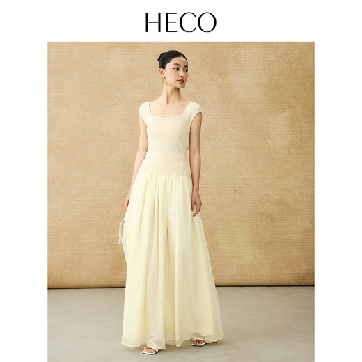 HECO【明媚】新中式双层薄纱遮肉松紧半身裙女2025夏新芭蕾风伞裙 黄色 半身裙 S