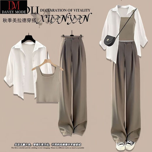 DAVEY MODE套装女两件套2025年新款拉德三件套女装秋季气质衬衫阔腿裤 三件套】白衬衫黑阔腿裤黑背心 XL :建议115-128斤