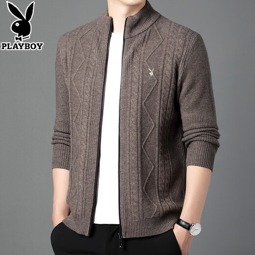 花花公子（PLAYBOY）男装加厚保暖毛衣外套男全羊毛开衫立领纯色拉链针织开衫男士冬季 卡驼 190/4XL