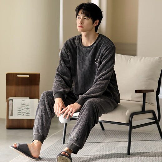 从心珊瑚绒睡衣男春秋冬季加厚保暖休闲加大码长袖男士睡衣家居服套装 F 9866 XL 身高175-180重140-160斤