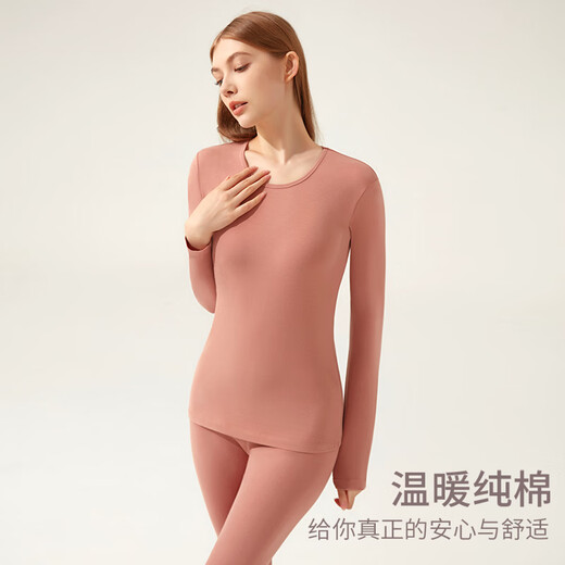 卡森兰（CASENLAND）秋衣秋裤女纯棉大码保暖内衣套装内穿圆领女士衬衣肌底衣棉毛衫 D1391-大红【加强版礼盒装】 L