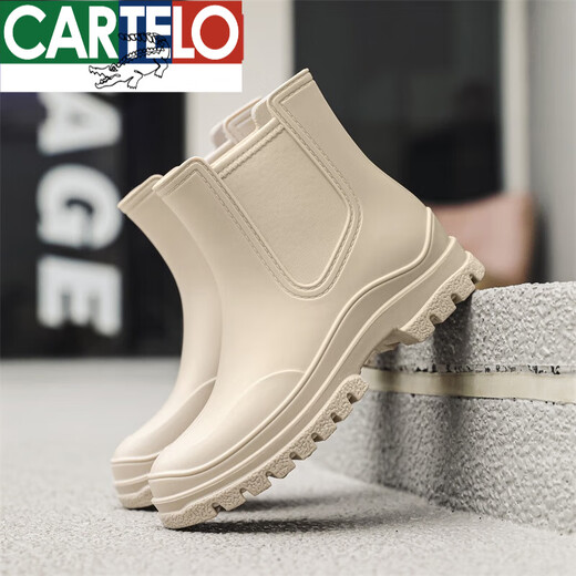 Cartelo Martin Rain Boots For Women 2024 Nouveaux chaussures imperméables de la mode Mid-Tube pour les bottes de pluie antidérapantes et belles pour femmes plus les chaussures en caoutchouc en velours off-blanc 38