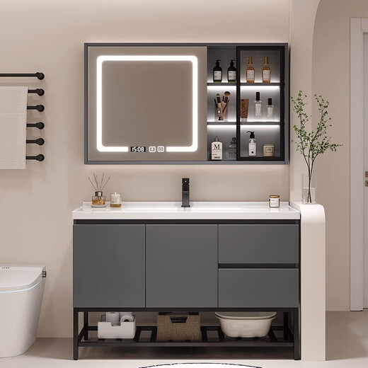 简约实木陶瓷盆一体盆浴室柜落地式洗手盆柜组合卫生间洗脸洗定制 12048轻奢灰普通镜柜地柜款