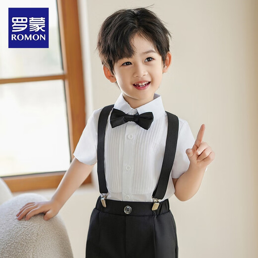 Romon Jungenkleid, Babyanzug, kleiner Host-Anzug, Klavieraufführung, Junge, erster Geburtstag, Hosenträgeranzug, vierteiliger Anzug, Hemd + Shorts + Hosenträger + Fliege 150