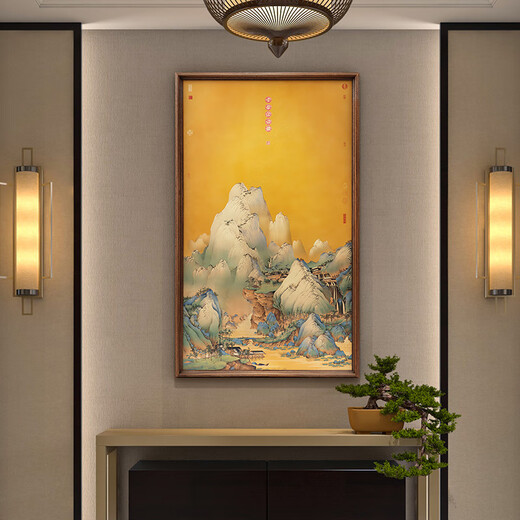 古歌空间 焦点艺术千里江山入户玄关装饰画山水画靠山图挂画茶室墙壁画竖版铜雕画 千里江山【全铜】1200*723mm