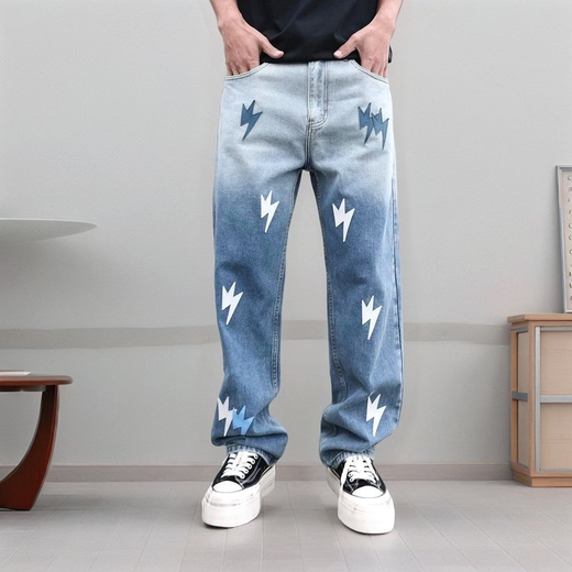 Patch Lightning Men's 2025 Marca de celebridades de Internet Retro American Retro europeo y americano a la moda suelta los pantalones de pierna ancha azules y blancos 1315-6 XL recomendado 145-165Jin [Jin iguala 0.5 kg]