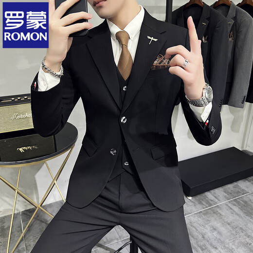 ROMON high-end commuter large size suit men's business casual suit Korean version slim suit wedding groom three-piece suit dark gray suit + trousers 2XL 135-145Jin Jin equals 0.5 kg