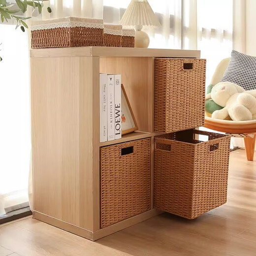 Sorachi lattice cabinet woven storage basket household imitation rattan storage box storage box cabinet clothing and sundries organizing storage box beige with lid and lining 38*26*24 foldable