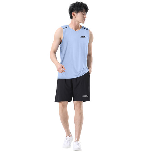 艾伦伯顿健身衣服男跑步速干背心运动套装夏季冰丝无袖t恤青少年篮球训练 背心两件套-蓝色 M 【115-130斤】