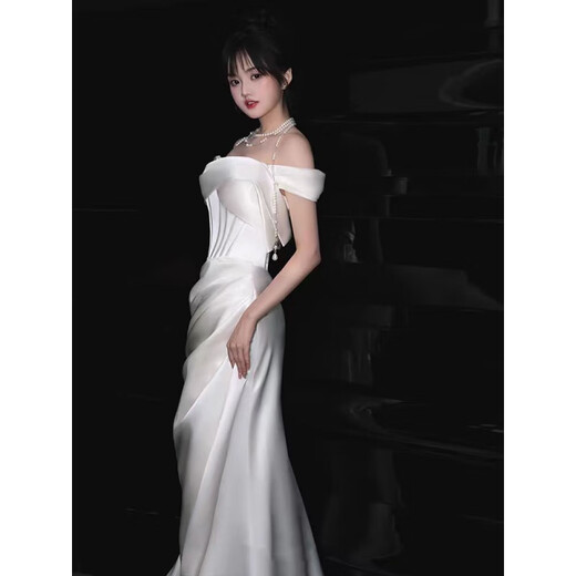 Chuangjingyi selected dress women's banquet evening dress high-end slightly fat French one-shoulder white satin welcome out light wedding dress bride white M