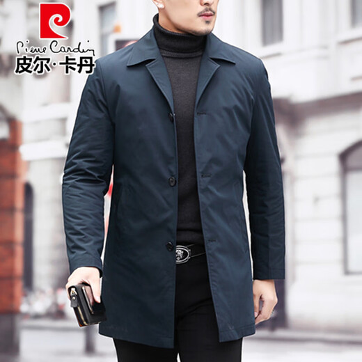 皮尔卡丹中长款风衣男2025新款春秋季西装领中年男商务修身服简约外套男 黑色A829款（不加棉） 常规 XL 180
