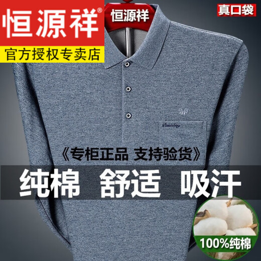 恒源祥纯棉长袖t恤男春秋冬季加绒翻领polo打底衫中老年爸爸真口袋上衣 NZC1098*T938 灰色 165/M【建议95-120斤】