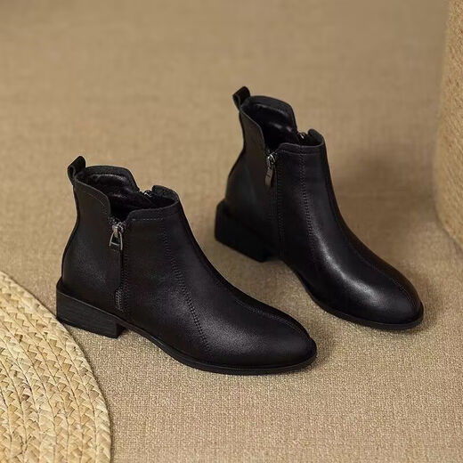 Woodpecker brand code break processing 2025 new British short pointed toe Martin boots side zipper short boots for women Chell black single 35
