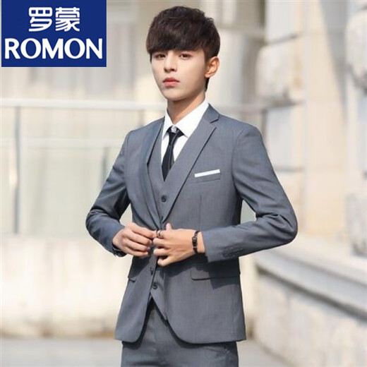 罗蒙（ROMON）生成人礼服西装男生套装西服套装男士五件套韩版修身小西装马 黑色西服+裤子+衬衫 L 110-125斤