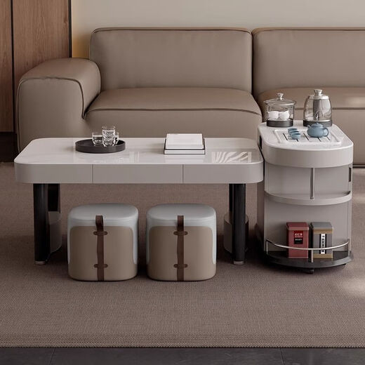 Yijing style multifunctional microcrystalline stone retractable kungfu coffee table modern living room household high-end kettle integrated tea table multifunctional kungfu coffee table with socket comes with kettle + purified water bucket + waste water bucket + 2 stools