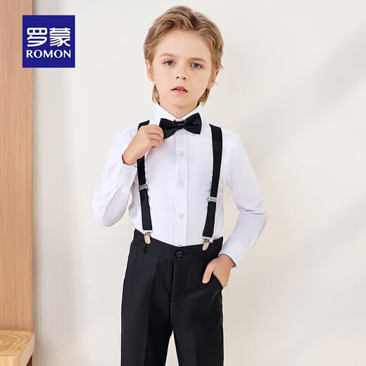 罗蒙儿童礼服六一演出服男童毕业主持长袖长裤背带套装 黑色150