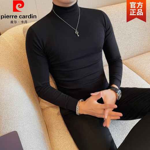 Pierre Cardin men's mid-collar long-sleeved stretch bottoming shirt slim solid color spring and autumn all-match half turtleneck T-shirt trendy knitted black (half height) L (110-125Jin Jin equals 0.5kg)