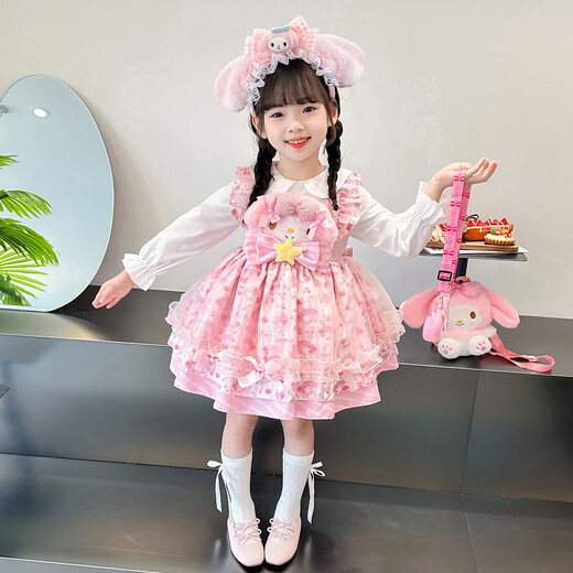 Daniaowang Girls Melody Lolita Princess Dress Spring and Autumn New Long Sleeve Dress Pink Birthday Dress Puff Skirt Velvet Dress + Headwear 130 Sizes
