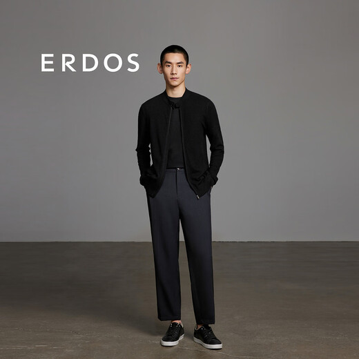ERDOS 春夏精纺双层立领翻花开衫修身百搭休闲时尚男针织衫羊毛衫 黑 XL 180/100A