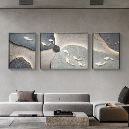 美优淳 九鱼图客厅装饰画侘寂风肌理沙发背景墙挂画简约高级感三联壁画 JD12170 左右60*80中110*80油画布ps黑框