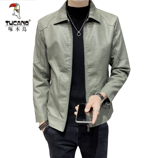 Woodpecker (TUCANO) Haining Genuine Leather Soft Leather Jacket Men's Sheepskin Large Size Spring Autumn and Winter Lapel Jacket Trendy Handsome Motorcycle Leather Jacket 8898# Dark Green Regular Style L