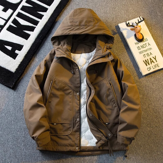 Kuraishi Kazuki trendy brand winter cotton clothing for men, thickened and velvet, outdoor warm and windproof work clothes, warm cotton coat jacket for men, black XL