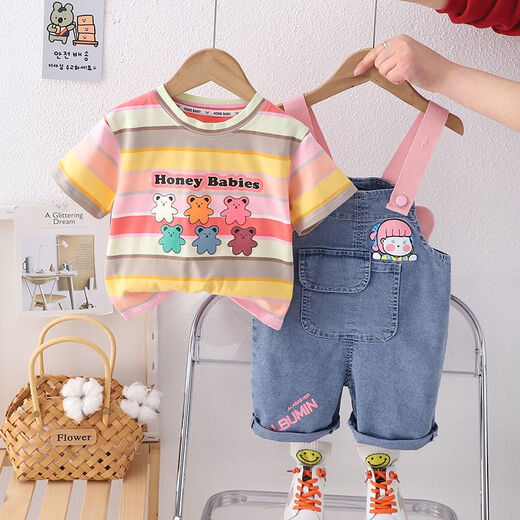 Kexin baby girl suit 2024 new short-sleeved fashionable cute overalls for children's summer two-piece girls' clothes blue 90 size recommended for 1-2 years (about 85 height)