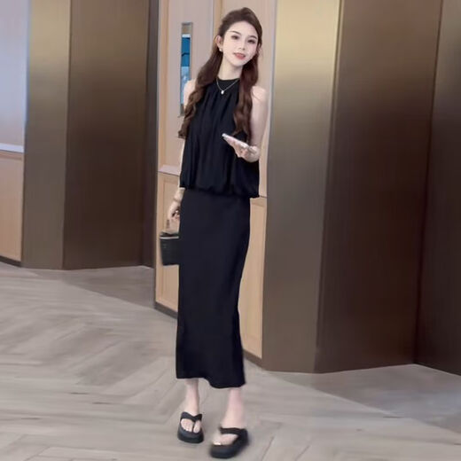 JTKW2024 new niche hot girl outfit with temperament sleeveless neck halter French simple and fashionable waist-hugging two-piece set [3895#] Green S suggested that 95Jin [Jin equals 0.5 kg] less