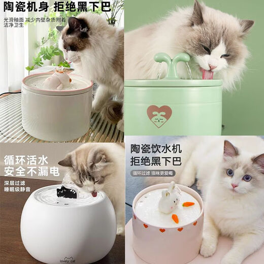 Rafxin's latest ceramic pet cat and dog drinking fountain, automatic constant temperature, intelligent cycle water feeding, cartoon cat bowl, charging cake (Lake Blue charging model)