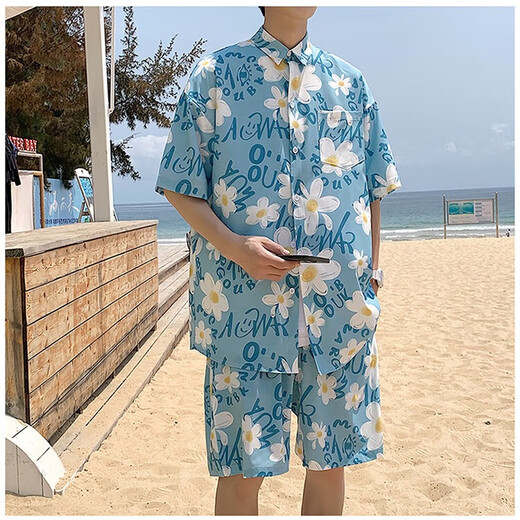 肯奈迪衬衫夏季男休闲衬衫提花短袖男衬衣花衬衫夏威夷宽松沙滩度假外套 蓝色-花朵-衬衫短裤两件装 2XL 【170CM-180CM】