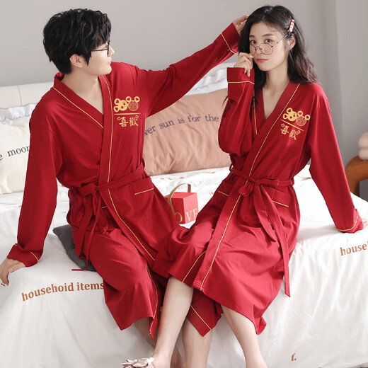 浪莎（LangSha）红色结婚情侣睡袍一男一女纯棉喜庆新婚睡衣浴袍家居服高档礼盒装 9922【礼盒装】 女L+男XL