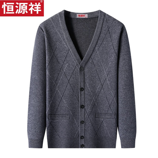 Hengyuanxiang wool cardigan men's V-neck autumn and winter middle-aged father's outfit thickened casual knitted jacket light gray 175/88A