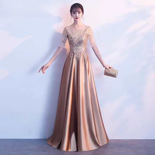 Zhufan annual meeting host clothing female chorus conductor performance clothing female golden evening dress female 2025 new art test champagne color 2XL